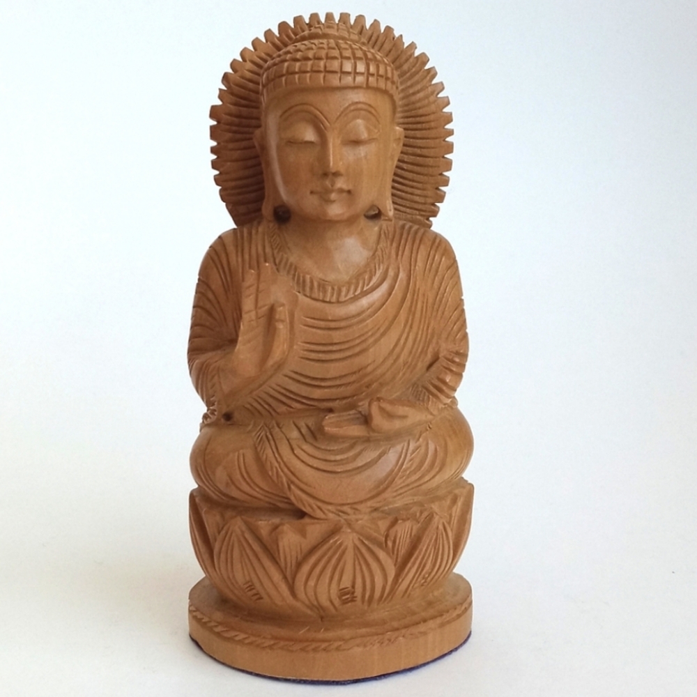 Vintage Sitting Buddha on Lotus Flower Wooden Hand Carved Sculpture Home Decor